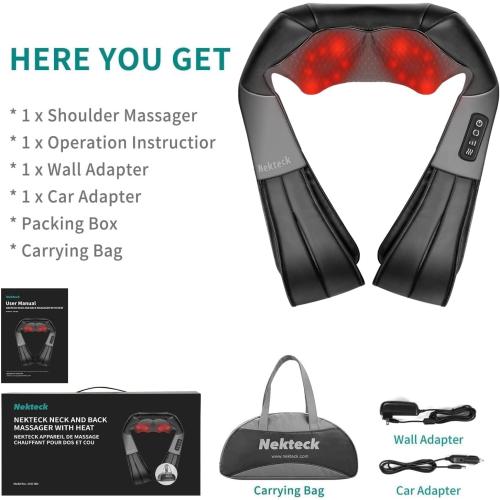 Nekteck Shiatsu Neck Massager with Heat for Pain Relief Deep Tissue, 2026 Upgraded Back Shoulder Kneading Massage Pillow, Body Relaxation Tool Gifts for Him Her (with Storage Bag, NOT Cordless)
