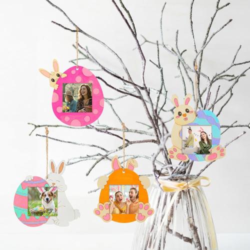 Wenqik 12 Set Easter Picture Frame Craft Kit, Egg Bunny DIY Wood Photo Frames with 12 Paint Colors, 2 Brushes, Palette & Hanging Rope, Spring Easter Crafts Party Favors