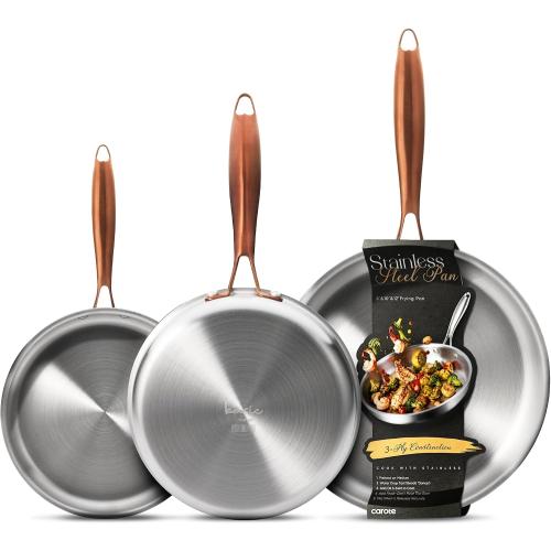CAROTE 3-Piece Tri-Ply Stainless Steel Frying Pan Set, Skillet Set 8/10/12, Induction Compatible, Oven & Dishwasher Safe, Gold Handle, Mothers Day Gifts