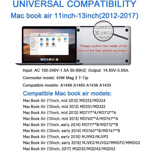 Mac Book Air Charger Replacement, 45W Power T-tip Magnetic DC Connector Adapter for Mac Book Air 11 inch and 13 inch (Between 2012-2017)