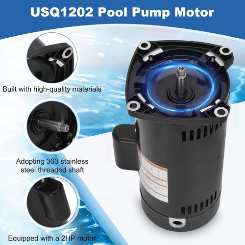BLACK USQ1202 Pool Pump Motor, 2HP Square Flange Motor, 3450 RPM, 48Y Frame, Fit for A.O. Smith/Century Pool and Spa Pump Motor