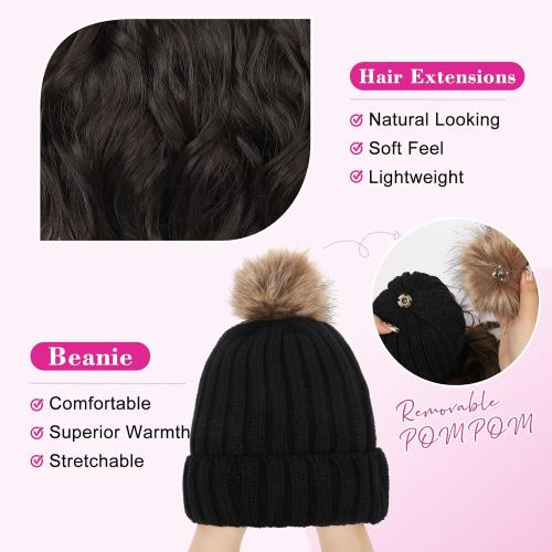 REECHO Warm Knitted Beanie Hat with 12 Beach Wavy Synthetic Hairpiece - Black Beanie, Black Brown Hair
