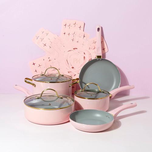 Paris Hilton Epic Nonstick Pots and Pans Set, Multi-layer Nonstick Coating, Tempered Glass Lids, Soft Touch, Stay Cool Handles, Made without PFOA, Dishwasher Safe Cookware Set, Pink