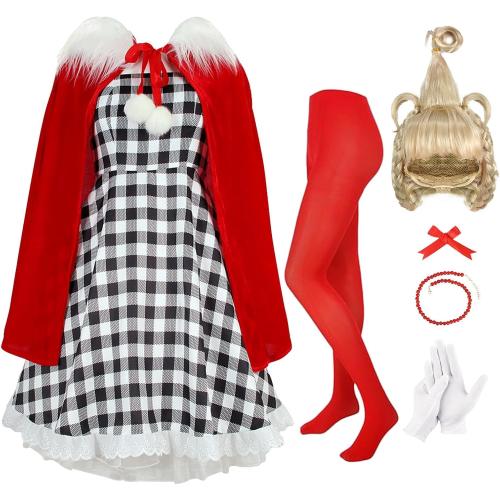 Size S7Pack Christmas Red Costume Kids Girls Christmas Dress with Wig Long Blonde Braid with Red Beads Necklace Bow