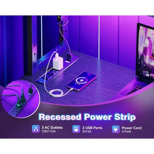 AODK L Shaped Desk Gaming Desk with LED Light & Power Outlet, 43 Inch Reversible L Shaped Computer Table with Shelf, Corner Desk with Storage Bag&Hook for Home Office Desk, Black