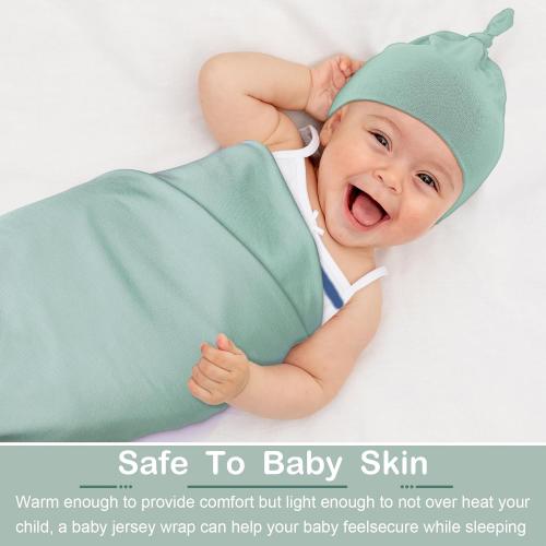 JaGely 2 Pcs Stretchy Baby Swaddle Blankets Set Extra Soft 47 x 47 Baby Newborn Swaddle Blanket and Hat(Green, Apricot)