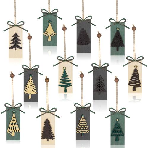 Civaner 24 Pcs Rustic Christmas Tree Ornaments Farmhouse Ornaments for Tree Natural Wooden Label Hanging Decorations for Home Office Fireplace Wreath Garland Winter Holiday Xmas Party Decor (Green)