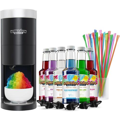 Hawaiian Shaved Ice HomePro Shaved Ice and Snow Cone Machine Kit, 6-16oz. Syrup Flavors Cherry, Grape, Blue Raspberry, Tiger’s Blood, Lemon-Lime, Pina Colada, 50 spoon straws, 6 black pour spouts