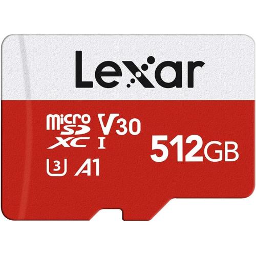 Lexar E-Series 512GB Micro SD Card, microSDXC UHS-I Flash Memory Card with Adapter, 100MB/s, C10, U3, A1, V30, Full HD, 4K UHD, High Speed TF Card