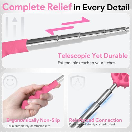 Gumry Versatile Back Scratcher - Portable Telescoping Extendable Back Massager Tool with Different Heads & Rubber Handles, Stocking Stuffers & Birthday Gifts for Women, Mom, Her, Men - Pink