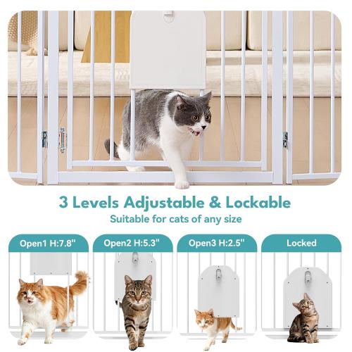 No Pawblems Free Standing Dog Gate with Cat Door, 30'' Tall Foldable Dog Fence for Indoor & Outdoor, Up to 104 Inch Extra Wide Puppy Gate for Stairs, Hallways, Doorways, Deck, Yard (White, 4 Panels)