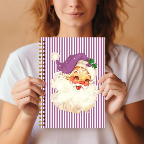 Guymn Purple Christmas Santa Notebook, Trendy Santa Xmas Journal, Purple and White Striped Christmas Hardcover Spiral Notebooks Journals, 5.5x8.3 Inch