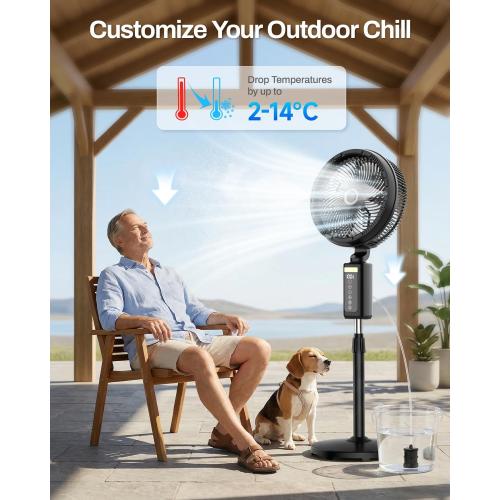Outdoor Misting Fan with Water Pump, 30000mAh 12-Inch Outside Water Cooling Mister Fan for Patios Bedroom, Portable Standing Oscillating Fan with Mist System, Pedestal Fans with Remote/Spray/Timer