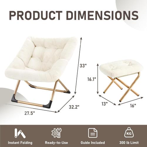 Youtanic Comfy Oversized Saucer Chair with Ottoman,Soft Faux Fur Reading Lounge Chair for Adults,Stable X-Large Metal Frame and Non-Slip Pad,Cozy Chair for Bedroom, Living Room, Dorm, Office, Beige