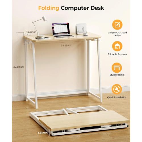 Folding Desk Small Foldable Desk for Small Space, 31.5 Inches Writing Computer Desks in Study, Home Office Foldable Office Desks for Bedroom, Oak