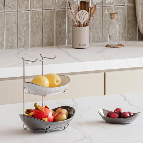 Fruit Bowl, 3 Tier Ceramic Fruit Basket, Serving Stand Serving Bowl with Metal Rack, Porcelain Kitchen Bowls for Fruit and Vegetable Storage Snack Nuts Dessert Cake Tray for Party Wedding