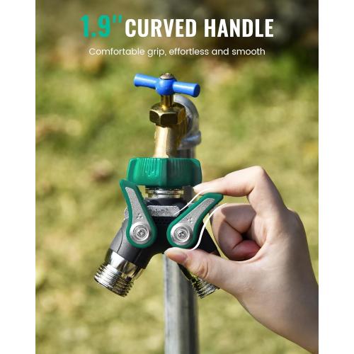 RAINPOINT Garden Hose Splitter 2 Way Heavy Duty, 3/4'' Connector Water Hose Bib Y Spigot Splitter with Shut-Off Valve, 100% Metal Body Full Flow Outdoor Water Faucet Adapter Fittings (1 Pack)