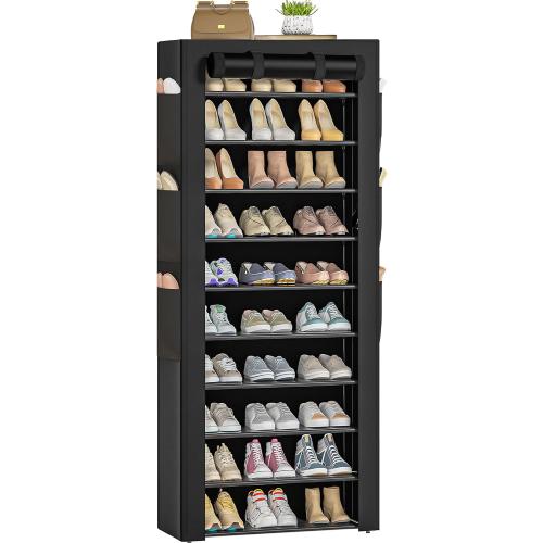 OYREL Large Shoe Rack, Black, 6 Side Pockets, 23.6 Wide x 11.4 Deep x 68.9 Tall, 36-41 Pairs of Shoes