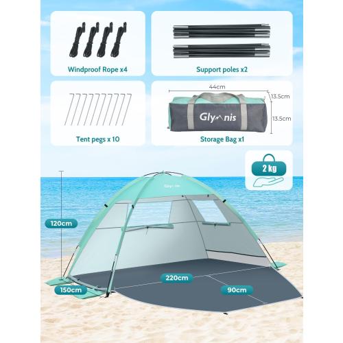 Glymnis Beach Tent Sun Shelter for 3 Person, UPF 50 , Easy Setup, Green