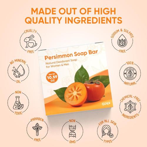 GPP Persimmon Soap Bar for Body Odor Control – 3 PCS Natural Body Wash Soap for for Old People Smell Eliminating Body Odor, Purifying Deodorizing Odor Eliminator for Women & Men, 3.53oz/per
