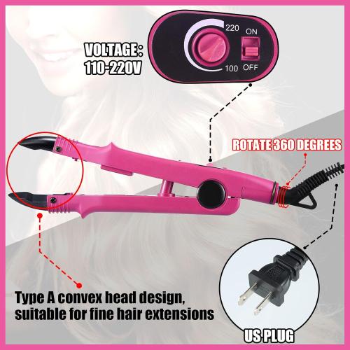 Keratin Hair Extension Kit: Heat Iron, Keratin Glue Granules, Protector Templates, Hair Clips, and Finger Protector(Pink)