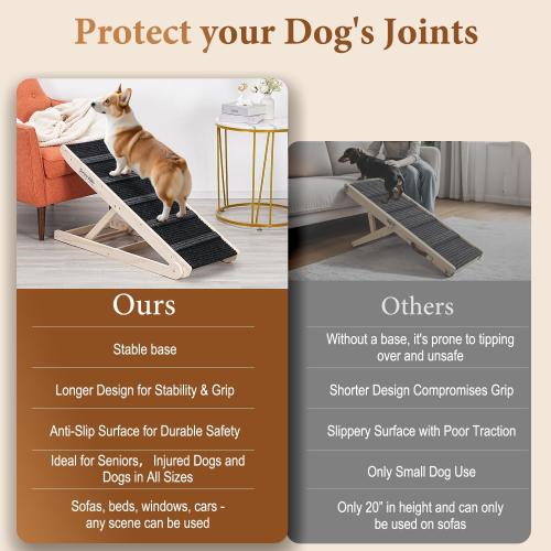 Dog Ramp for Bed - Foldable Small to Large Dog Ramp for Couch - 6 Adjustable Height from 12 to 24 - Stairs with High Traction Mat - Wooden Portable Ramp for Dogs to Get on Bed Couch Car Up to 200LBS