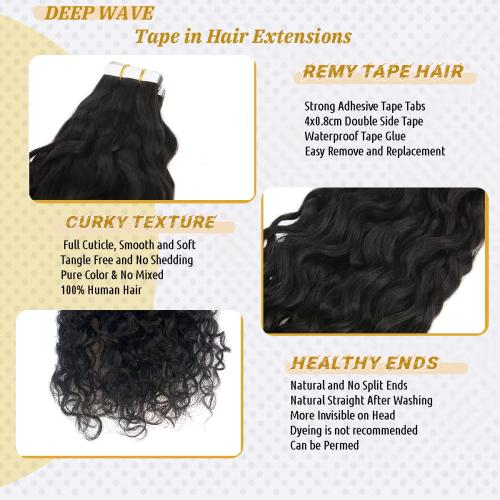Water Wave Tape in Hair Extensions Human Hair for Black Women, Tape ins 100% Real Human Hair Extensions Double Sided 24Inch Black Tape on Human Hair Skin Weft Wavy Human Hair Extensions 50G 20PCS