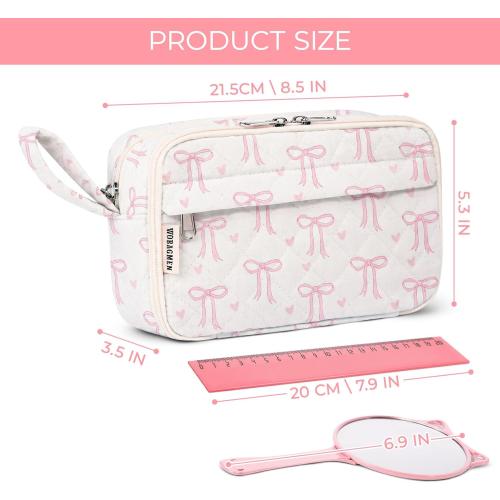 Quilted Pencil Pouch for Girls Women, Large Pencil Case Pouch with Compartments Cute Aesthetic Pencil Case Organizer, Floral Pencil Bag for School Supplies (Pink Bow)