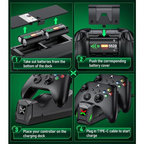 Upgraded Controller Charger Station with 2x5520mWh Rechargeable Battery Packs for Xbox One/Series X|S, Dual Charging Dock for Xbox One Battery Pack (Controller not Included)