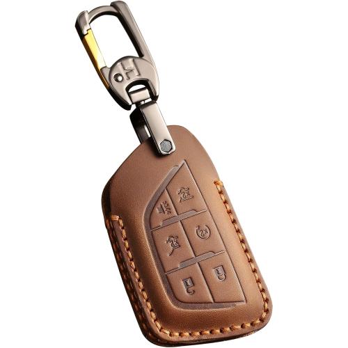 Leather Key Fob Cover, Compatible with 2020~up Cadillac Escalade CT4 CT5 CT6 XTS XT4 XT5 ATS etc, Retro Style Design Key Holder Protector(6 Button, Brown)
