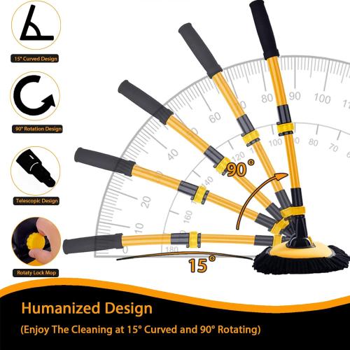 15° Curved Car Cleaning Brush with Telescopic Handle 43 Aluminum Alloy Long Rod Wash Mop For Washing Caravan Van Truck Boat RV Roof Soft Chenille Head Duster Clean Product Not Hurt Paint Scratch Free