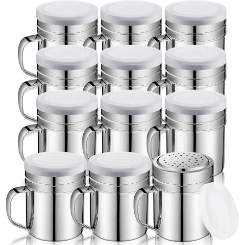Lallisa 12 Pcs 10 oz Stainless Steel Spice Shakers with Holes and Lids Dredge Shakers with Handle Versatile Salt Shaker for Sugar Pepper Seasoning Flour Popcorn Cinnamon Powder Container Accessories