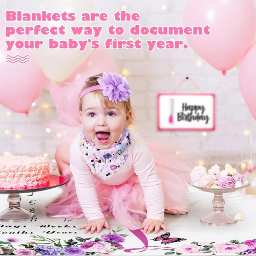 Chumia 6 Pcs Baby Monthly Milestone Blanket for Girl 60 x 40 Butterfly Milestone Blanket Age Photo Photography Backdrop with Newborn Calendar Growth Chart Bib Headband(Purple,Floral Pattern)