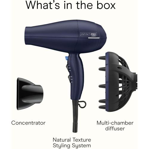 INFINITI PRO CONAIR Hair Dryer with Innovative Diffuser, Enhances Curls and Waves While Reducing Frizz, Dark Blue