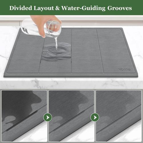 Yolife Extra Large Stone Drying Mat for Kitchen Counter, 23.7 x 15.4 Kitchen Stone Dish Drying Mat, Quick Drying Diatomaceous Earth Dish Drying Mat, Stone Dish Mat with Non Slip Pad (Grey)