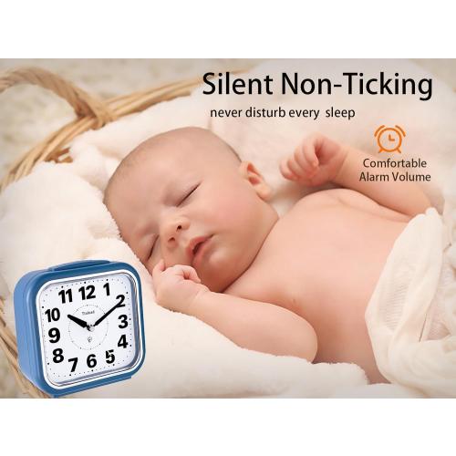 5.5 Large No Ticking Analog Alarm Clock,Silent Readable for Seniors,Easy to Set,Gradual Rise Alarm,Big Numbers,Gentle Wake,Snooze, Lighted on Demand,Battery Operated,Blue