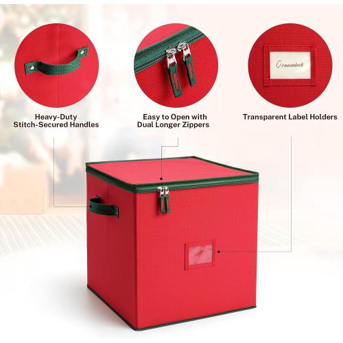 MaidMAX Ornament Storage Box, Christmas Ornament Storage, Ornament Storage | 64 Christmas Balls Storage Containers with Adjustable Dividers, Zippered Closure, 4 Removable Trays, 600D Oxford, 13x13x13