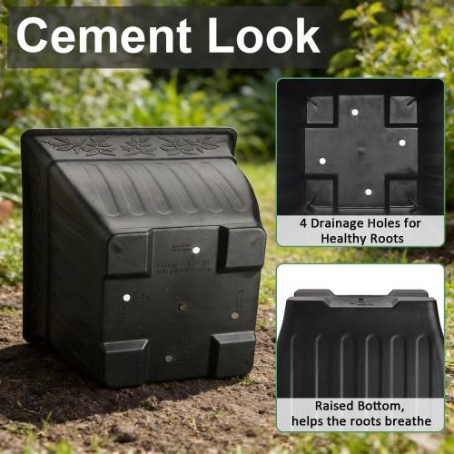 BTPLASTIK 18 inch Large Square Planter for Plants - 4 Pack Decorative Black Plastic Flower Pots with Drainage Holes & Raised Base, 14 Gallon Vintage Garden Pot for Outdoor, Patio, Porch (15 Tall)