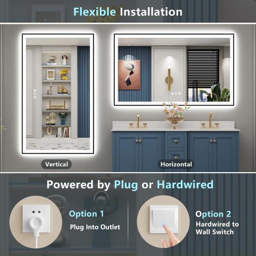 55x40 Black LED Bathroom Mirror, Backlit & Front Lit Lighted Mirror | Metal Framed Anti-Fog Vanity Mirror with Lights, 3 Color Dimmable, Memory, HD Tempered Glass, CRI95, UL Listed, Wall Mounted