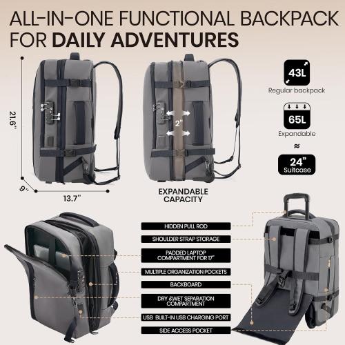 Fanwoli Rolling Vacuum Backpack Travel with One-Button Compression, Expandable Carry-On Suitcase Luggage, Approved TSA Lock & Water-Proof Laptop Compartment for Outdoor/Family/Business Trips