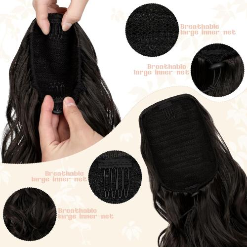 FELENDY Ponytail Extension, 15 Drawstring Ponytail Hair Extensions Wavy Curly Clip in Pony Tails Cute Hairpiece for Daily Use Synthetic Dark Brown