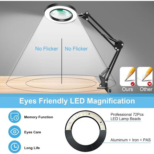 10X Magnifier Desk Lamp, 2-in-1 LED Magnifying Glass with Light and Clamp, Hands-Free Lighted Magnifier with 3 Color Modes for Craft Hobby Nail Repair Reading Close Works (Black, Clamp)