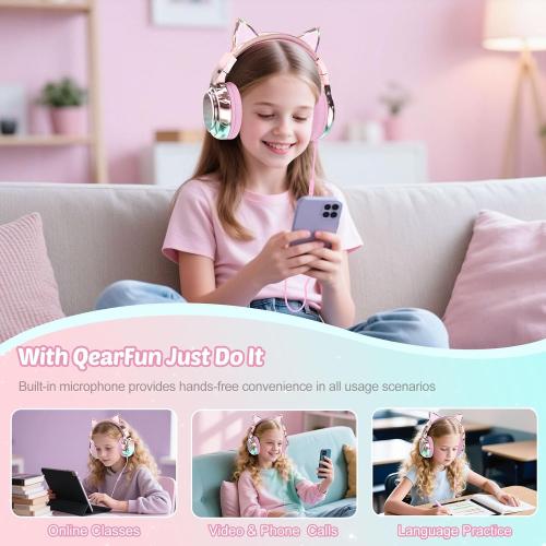 QearFun USB C Kids Cat Ear Wired Headphones with Mic, 85/94dB Volume Limit