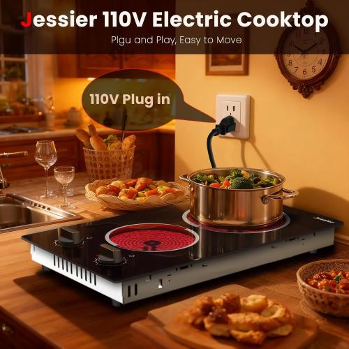 2 Burner Electric Cooktop - 12 Inch Plug in Portable 110V Electric Cook Top Two Burner, Built-in & Countertop Ceramic Stove Top with Knob Control, 9 Power Levels and Overheat Protection
