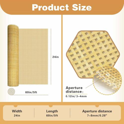 Size 24 Width Natural Cane Webbing 5 Feet, Rattan Webbing for Caning Project, Square Rattan Cane for Furniture Chair Cabinet Ceiling Door Sofa Beds