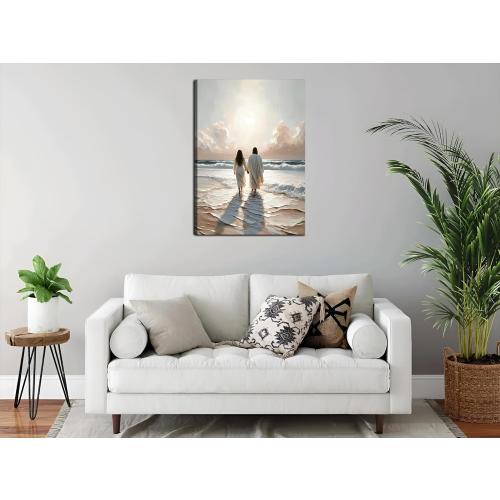 Jesus Canvas Wall Art Jesus Woman Walking on Water Wall decor pictures Religious Coastal Painting Christian poster prints for living room bedroom Home Decoration Ready to hang (24inx36in Canvas)