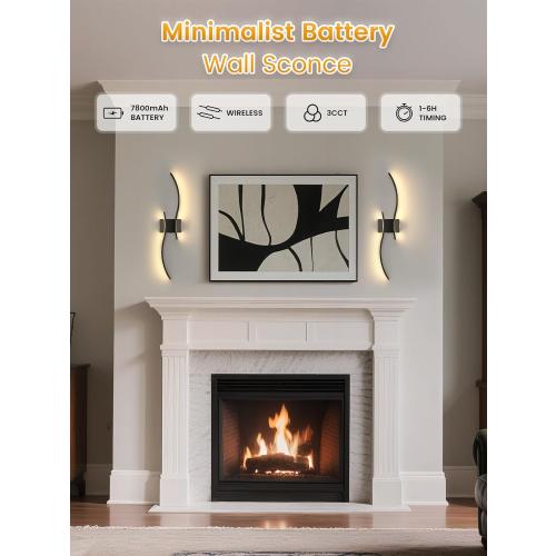 NIORSUN 27.6 Inch Battery Operated Wall Sconce Set of 2, Black Modern Rechargeable Wall Lights with Remote, 3CCT Dimmable Wireless Wall Lamp for Living Room Bedroom Hallway