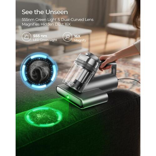Teant Powerful Mattress Bed Vacuum Cleaner, 2-Speed (14kPa/18kPa) Mattress Vacuum with Green Light Dust Detection, 253.7nm UV-C Light, LED Display, HEPA Filter, 149℉ Heat, Aroma for Bed Couch Carpet