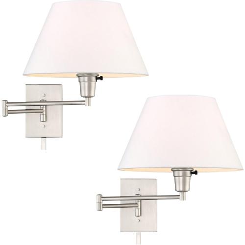 Modern Swing Arm Wall Sconce   3-Way Switch, 2-Pack | White Empire Fabric Shade, 2-in-1 Plug In or Hardwired Bedroom Wall Lamp, Satin Nickel Finish