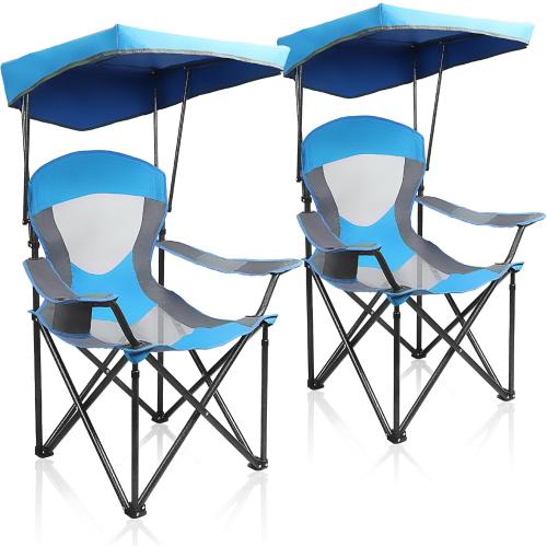 ALPHA CAMP Heavy Duty Canopy Camping Chair, 350 lbs Capacity Oversized Folding Chair with Adjustable Sunshade, Portable Sunshade Chair with Cup Holder for Beach, Fishing, Outdoor,2PC, Enamel Blue